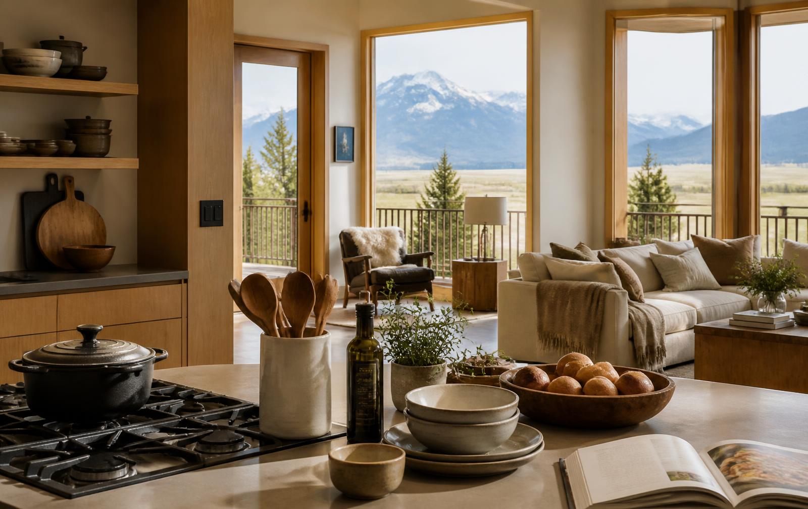 A Montana kitchen and living room with cookware, ceramics and linen textiles from Aljarash Home Co.