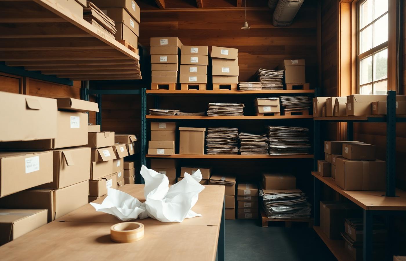 The Aljarash Home Co. packing room in Helena, Montana with shelves of kraft boxes